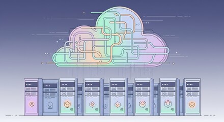 Vibrant cloud computing network connecting servers with pastel colors