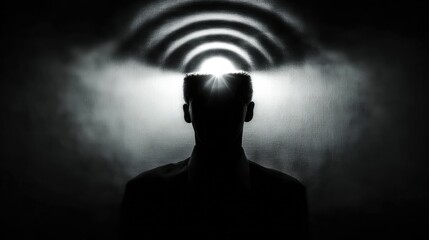 Silhouette of a Person with Mind Waves and Illuminated Aura in a Dark Setting