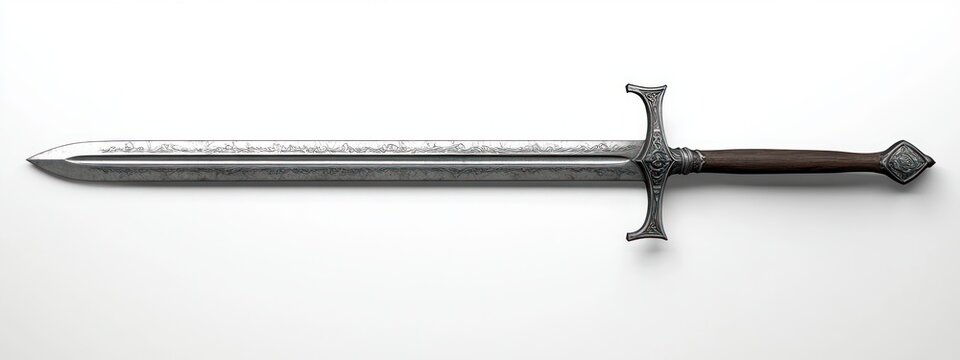 ornate medieval longsword with engraved steel blade, decorative crossguard and wooden hilt lying on white background, elegant and stoic