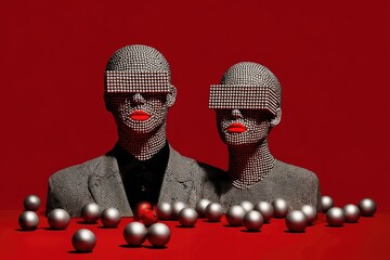 Futuristic Mannequins with Grid Patterns and Red Accents Surrounded by Metallic Spheres