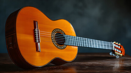Fototapeta premium Beautifully crafted acoustic guitar rests on wooden surface, showcasing its elegant design and intricate details. warm tones of wood and delicate strings evoke sense of musical passion