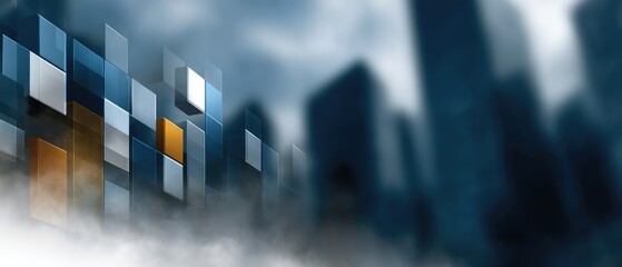 Futuristic Abstract Cityscape with Geometric Shapes and Misty Skyline