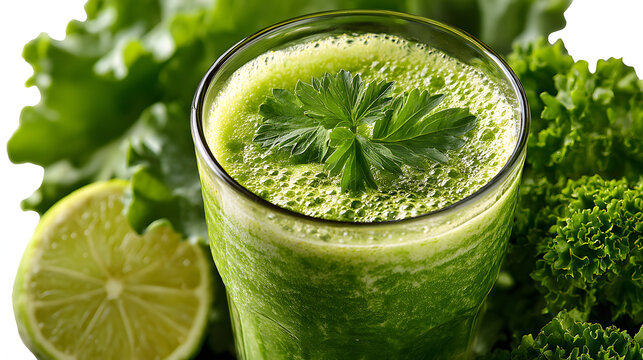 Refreshing green smoothie in glass surrounded by fresh kale, lime, and parsley, showcasing healthy and vibrant drink option - Powered by Adobe