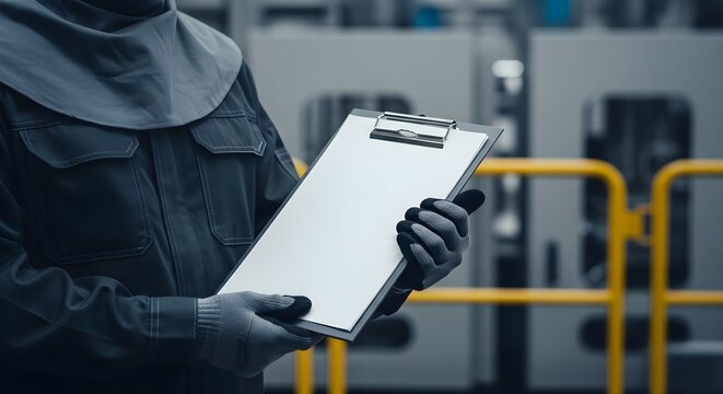 Factory Worker in Protective Uniform Holding Blank Clipboard for Inspection - Powered by Adobe