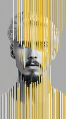 Abstract Portrait of Man with Digital Glitch Art in Yellow and Gray Tones