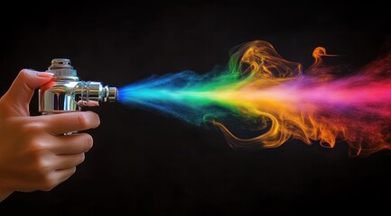 hand holding chrome spray nozzle releasing vibrant rainbow smoke plume on black background, energetic and creative