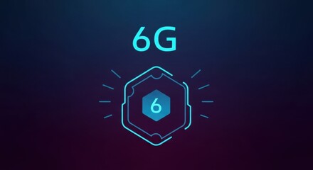 6G network technology concept with a futuristic glowing hexagonal icon on a dark digital background representing the future of high-speed communication.