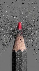 Explosive Creativity: Black Pencil with Bursting Graphite Particles on Gray Background