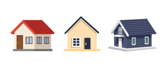 Set of three simple, stylized cartoon houses with pitched roofs.