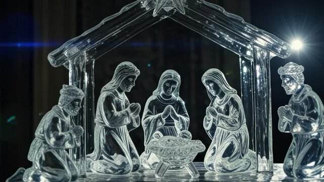 Elegant glass nativity scene showing the birth of jesus christ. A traditional christian decoration with the holy family and magi under the star of bethlehem for the holiday season