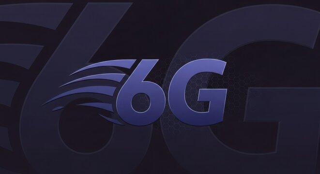 6G network technology concept with a futuristic logo on a dark background. Next-generation telecommunication and high-speed mobile internet of things.