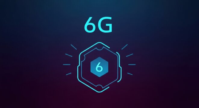 6G network technology concept with a futuristic glowing hexagonal icon on a dark digital background representing the future of high-speed communication.