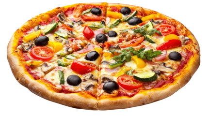 Whole pizza with vegetables and olives isolated on a transparent background