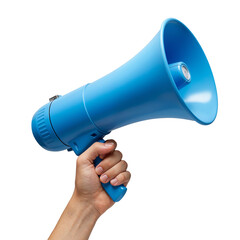 Fototapeta na wymiar Hand holding blue megaphone announcing loudly for attention and amplification isolated on transparent background