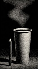 Monochrome Minimalism: Steaming Cup and Pencil in Abstract Dot Art Style