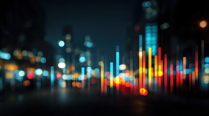 Impact Global Growth progress concept. Abstract colorful bar graph with blurred city lights background. High quality