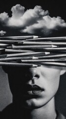 Surreal Portrait: Conceptual Expression with Floating Pencils and Cloud