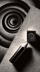 Monochrome Optical Illusion with Pencil and Spiral Pattern on Textured Surface