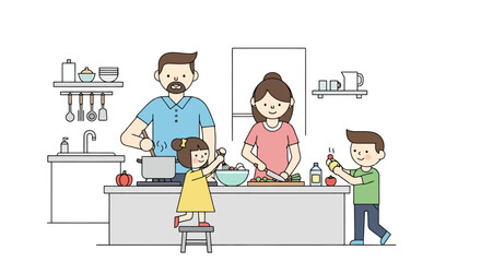 Happy Family Cooking Together in a Modern Kitchen Illustration