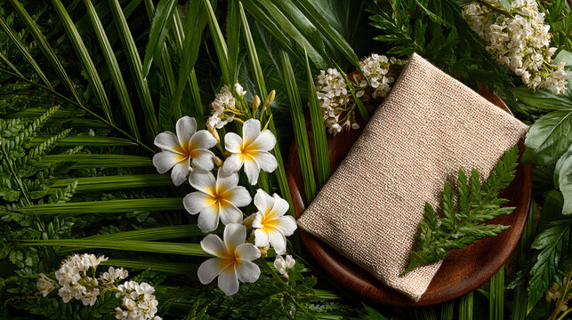 Natural spa setting with burlap wrapped product surrounded by lush green leaves and white flowers, creating serene and refreshing atmosphere - Powered by Adobe
