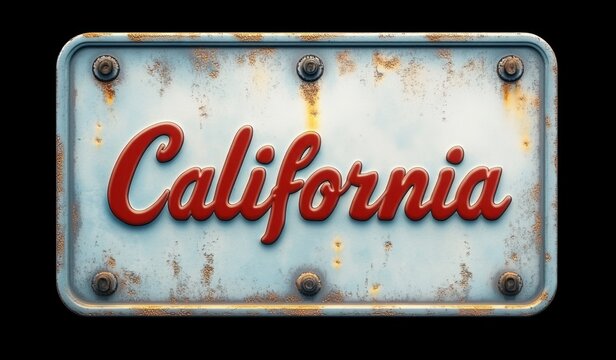weathered vintage metal license plate with red cursive california text, rusted bolts and patina evoking nostalgic road trip feeling