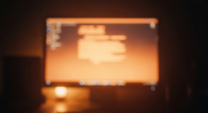 Illuminated computer monitor displays blurred digital interface in a dark room