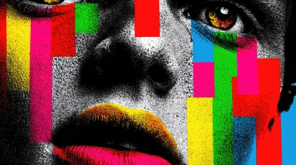 Colorful Abstract Portrait with Geometric Pop Art Elements and Vibrant Blocks