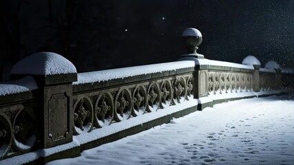 Ornate stone bridge covered in fresh snow during a heavy blizzard at night. Magical winter wonderland scene with dramatic lighting for a holiday or seasonal background - Powered by Adobe