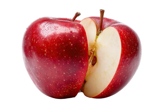 Two bright red apples, one sliced, on a black background