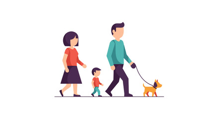 Family Strolls Outdoors with Pet Dog on Leash Modern Flat Illustration