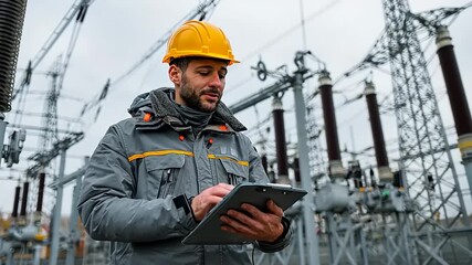 Engineer in safety gear using a tablet at a power station with electrical infrastructure in the background
