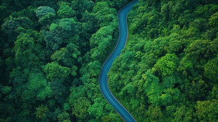 Winding road through a dense green forest captured from a high angle