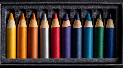 Set of colorful crayons arranged neatly in black tray, showcasing variety of vibrant hues. crayons are sharpened and ready for use, perfect for children drawing activities