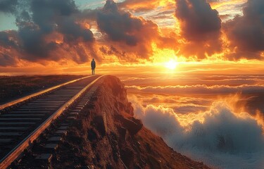 Solitary figure walking along a railway to a cliff edge above a glowing sea of clouds at sunset, evoking awe, solitude and quiet contemplation