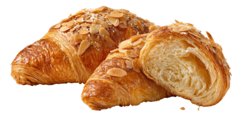 Golden brown almond croissants, one sliced revealing airy texture