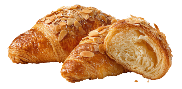 Golden brown almond croissants, one sliced revealing airy texture