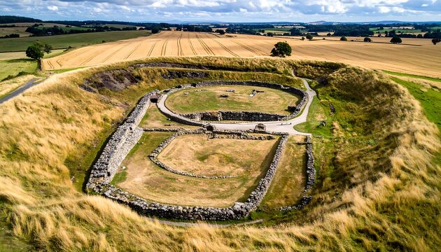 Aerial view of an ancient circular fort nestled within a grassy landscape under a cloudy sky