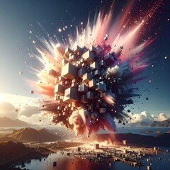 Abstract digital art cuboid explosion over city/water, with sun and cloudscapes, stylized and textured