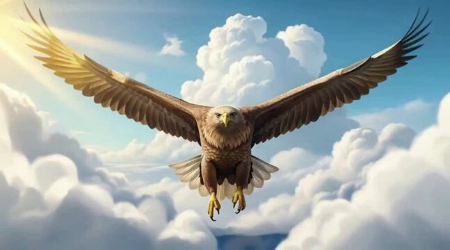 Eagle soaring high with outstretched wings against a backdrop of fluffy white clouds and blue sky