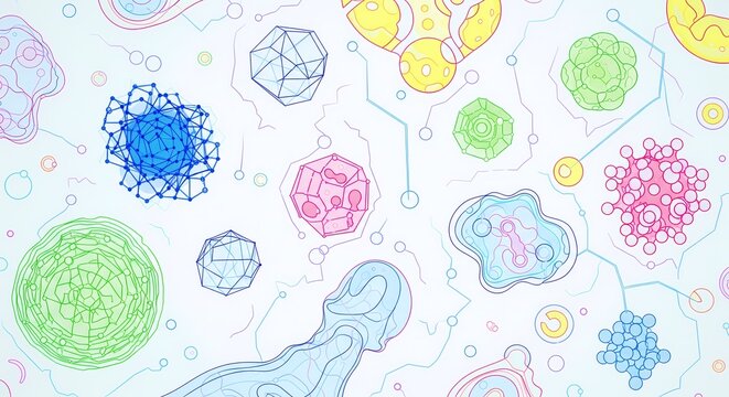 Explore colorful science cell structures and geometric shapes background
