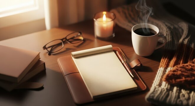 Warm, cozy atmosphere created by steaming beverage, glowing candle, and writing materials on a sunlit surface - Powered by Adobe