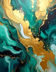 Abstract art; golden, green, turquoise and white swirls create a fluid, painterly image, movement, and luminosity
