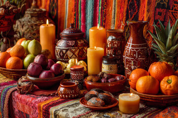 Traditional Mexican holiday altar with ceramic vessels, citrus fruits and lit candles on colorful woven textiles