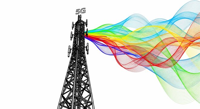 Powerful 5G cellular tower broadcasting vibrant data signal worldwide - Powered by Adobe