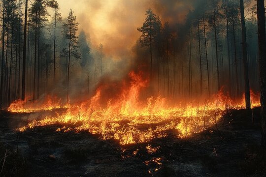 Wildfire sweeping through a dry pine forest with low orange flames across blackened underbrush, tall tree silhouettes and thick smoke creating an ominous, destructive scene