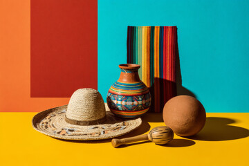 Still life with Mexican pottery, wide brim straw sombrero and bowl of citrus on a colorful geometric background under sunlight