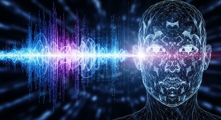 Digital human face combined with sound waves for future tech concept