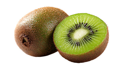 Kiwi fruit, one whole and one cut in half, isolated on transparent background