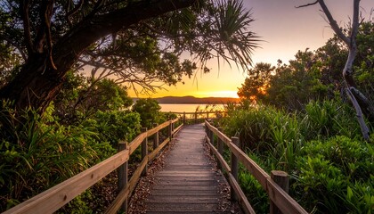 A wooden pathway framed by lush green vegetation leads to a serene sunset over a body of water