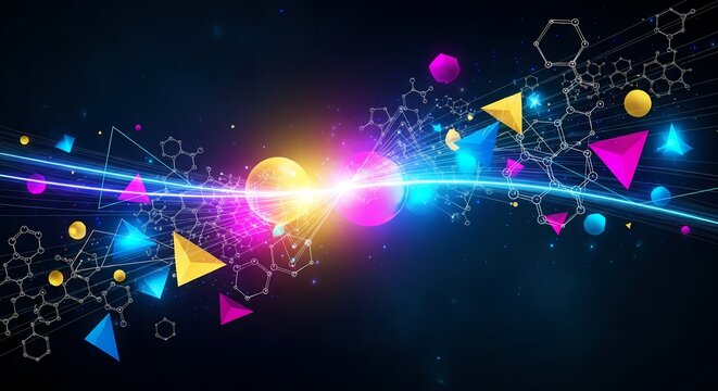 Vibrant molecular structure with geometric shapes and glowing neon light